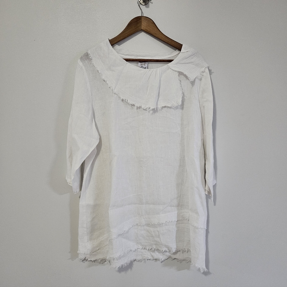 Match Point Shirt Womens Large White Linen Lagenlook Fringe Raw Hem Top